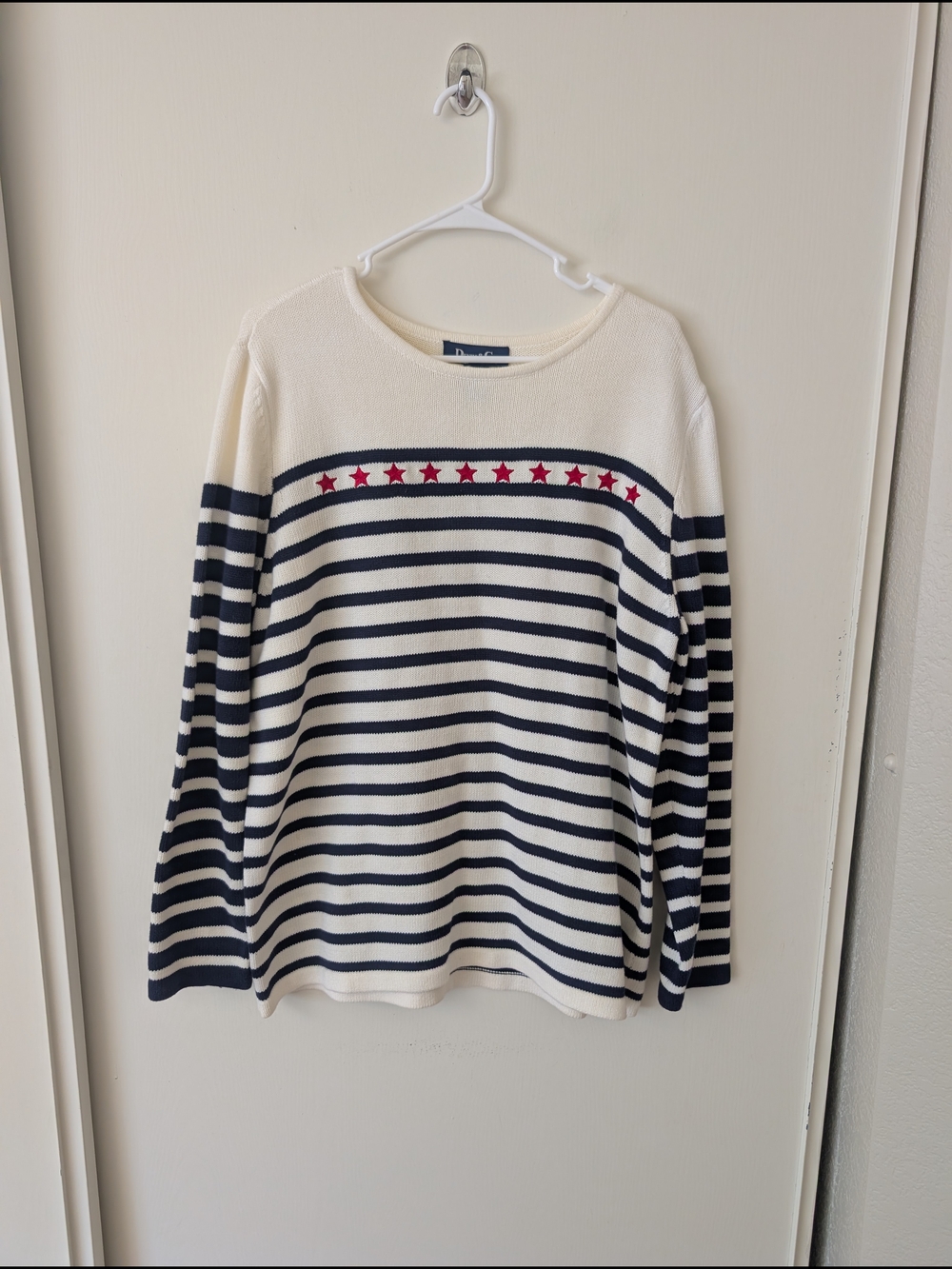 Vintage Womens Large 100% Cotton Stars & Stripes Sweater Cream Cottage Classic